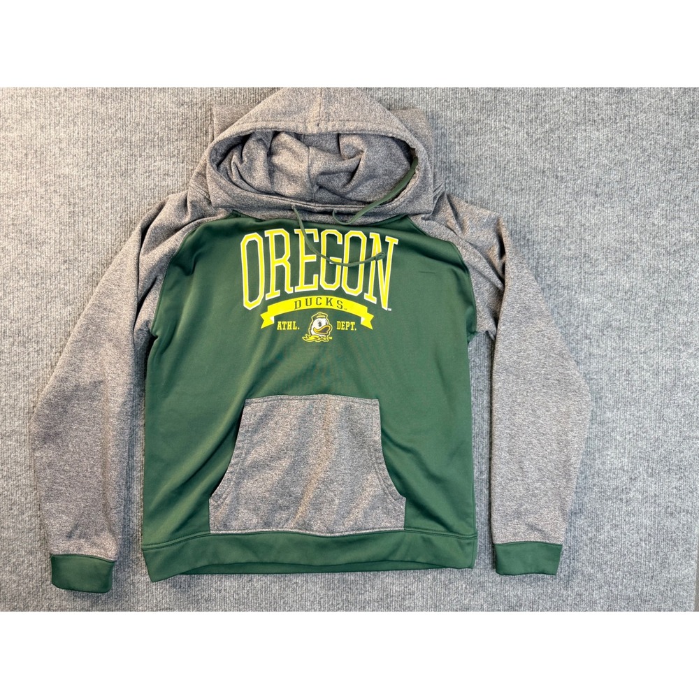 Oregon Ducks Hoodie Mens Large Green Gray Polyester Fleece Pullover NCAA Jacket